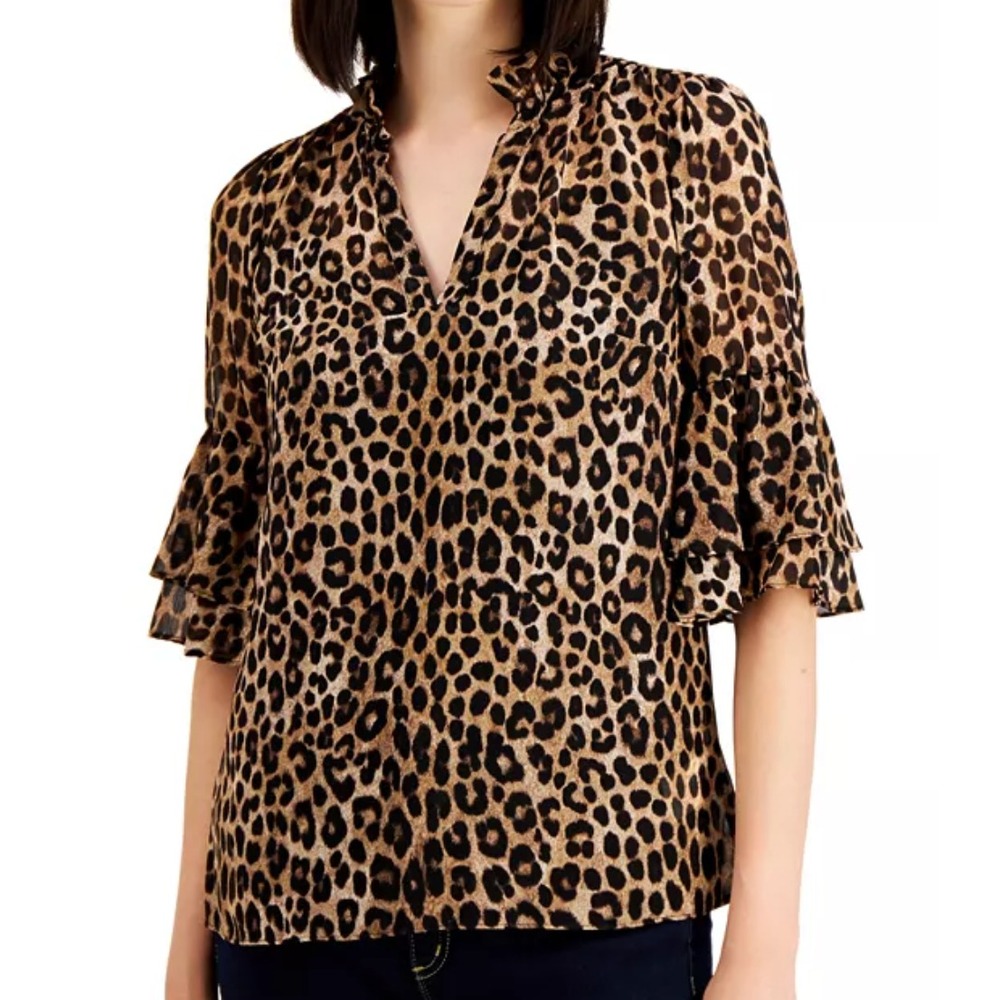 MICHAEL KORS Leopard Print BLOUSE TOP Bell Sleeves V-NECK w/TINY RUFFLE sz M